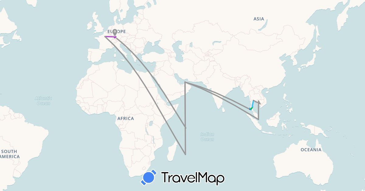 TravelMap itinerary: driving, bus, plane, train, boat in United Arab Emirates, Germany, France, Cambodia, Seychelles, Singapore, Thailand (Africa, Asia, Europe)
